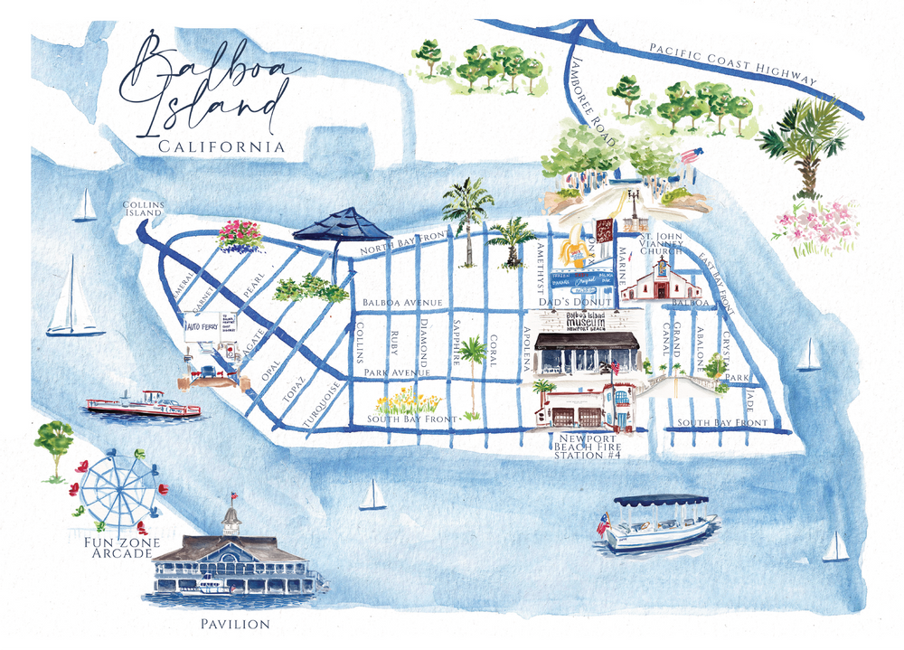 Painted Ariel Map of Balboa Island California