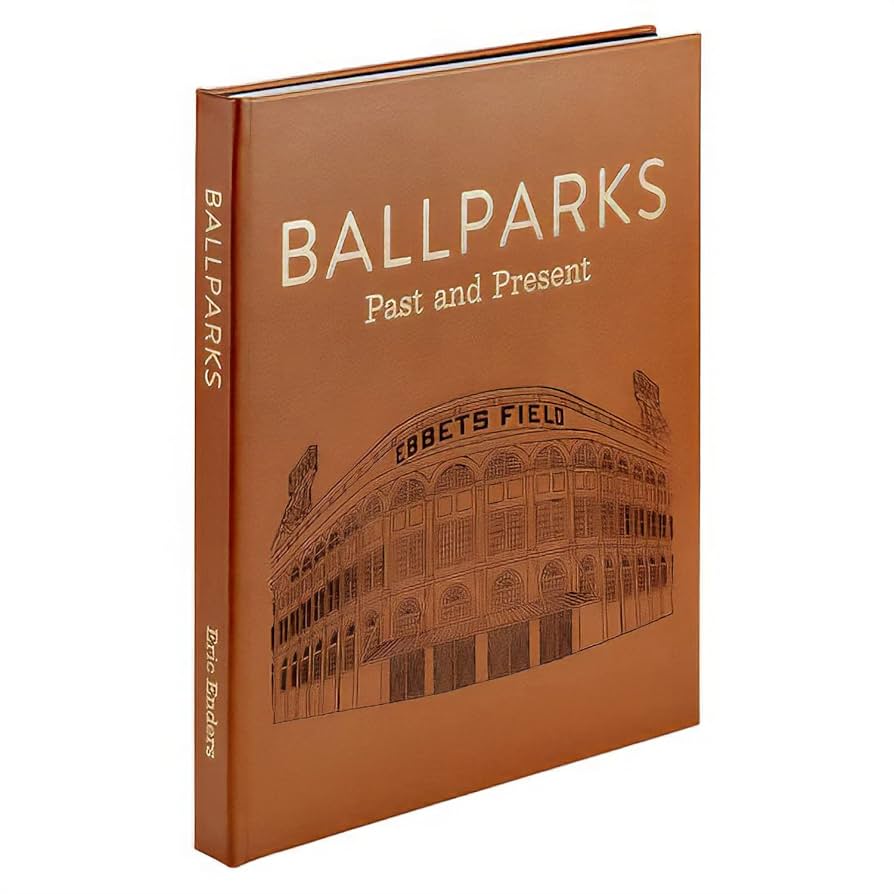 Book titled 'Ballparks: Past and Present' with an illustration of Ebbets Field on a brown cover.
