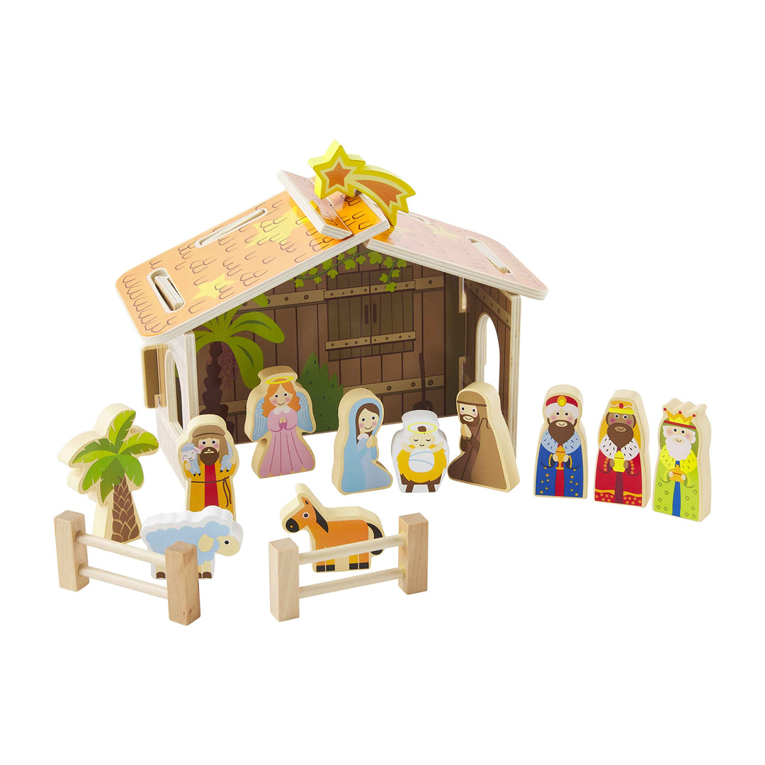 Wooden nativity set with figures and stable on a white background