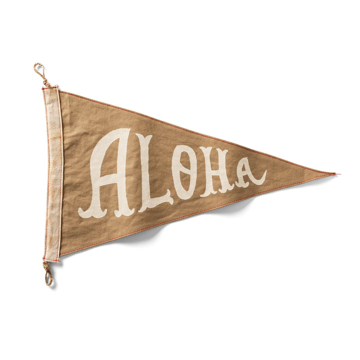 Brown pennant flag with 'ALOHA' text on a white background