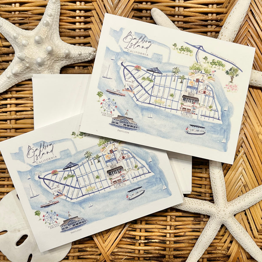 Set of 10 Balboa Island California Map Notecards