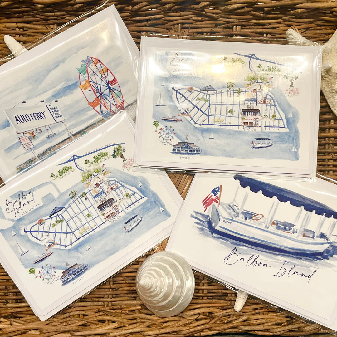 Set of illustrated cards featuring Balboa Island on a woven surface