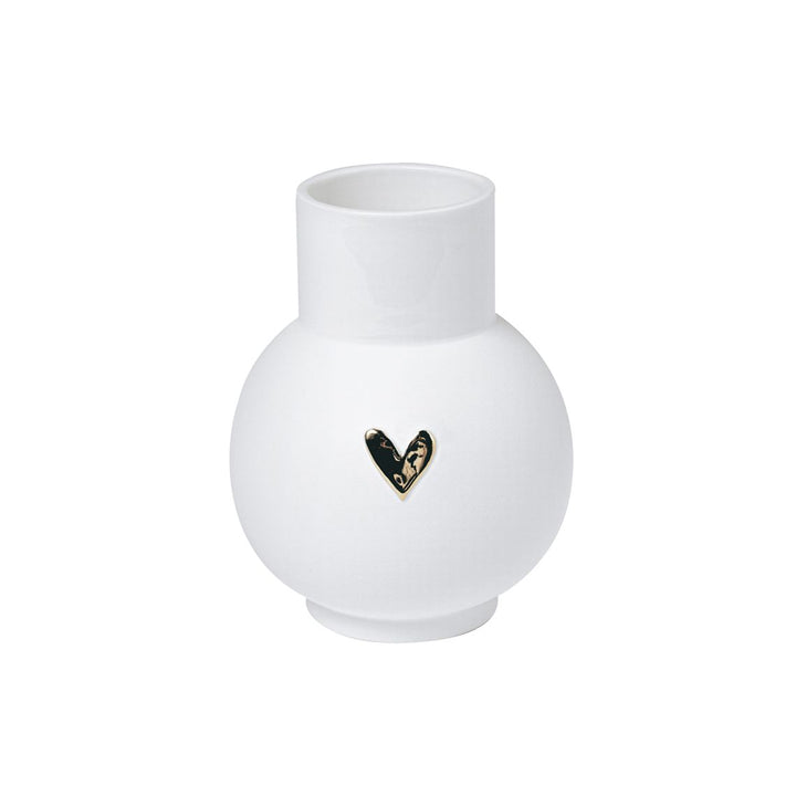 White vase with a black and gold heart design on a white background