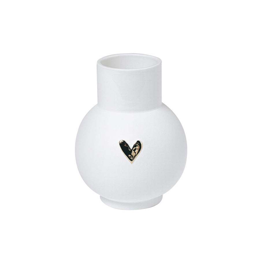 White vase with a black and gold heart design on a white background