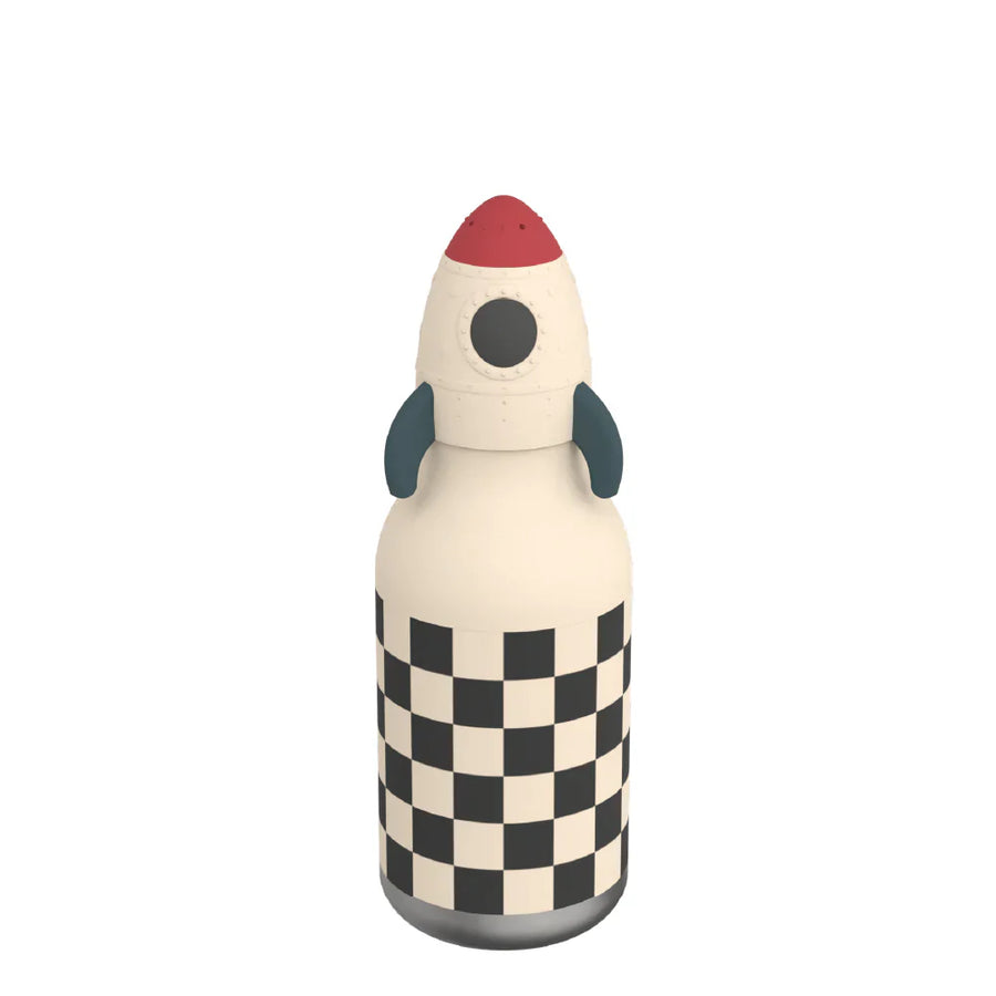 Rocket-shaped bottle with checkered design on a white background