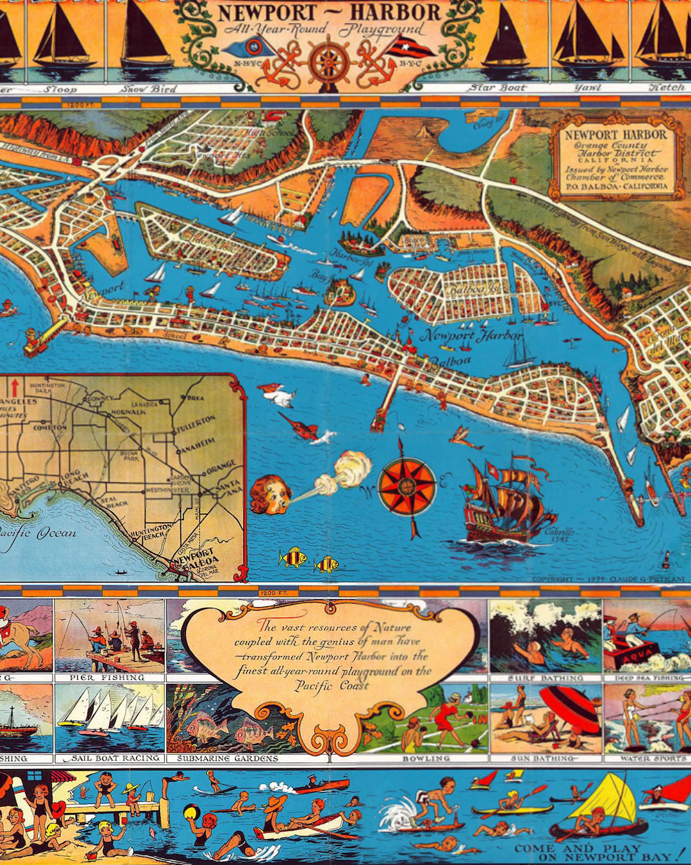 Putnam Map of Balboa Island and Newport Beach by Claude Putnam in 1932 16x20