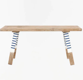 Striped Bench, Wood, Blue/White/Natureal 39.3" x 16.9"