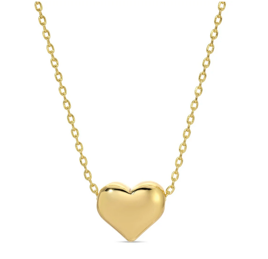Gold heart-shaped pendant on a chain against a white background