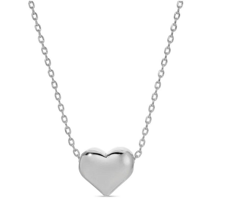 Silver heart-shaped pendant on a chain against a white background