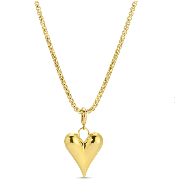 Gold heart-shaped pendant on a chain against a white background