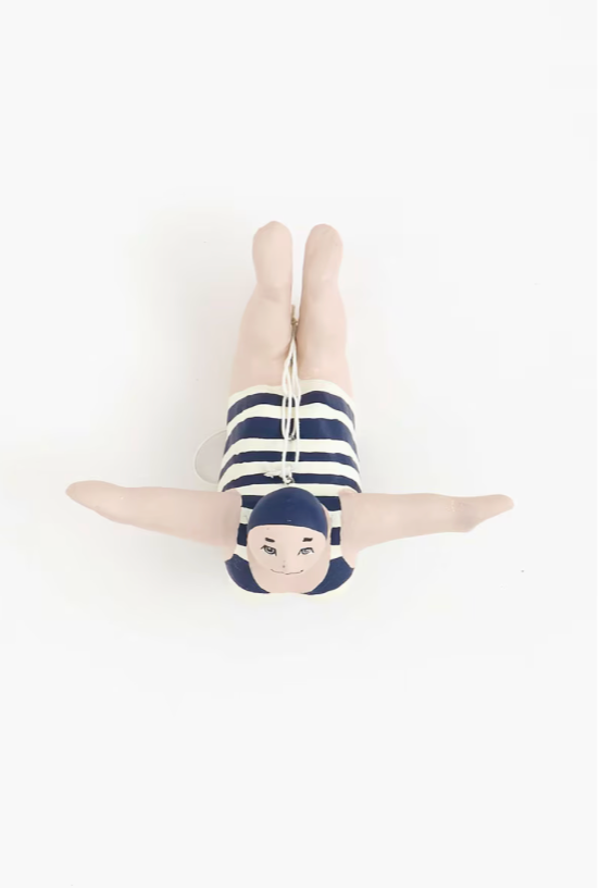 Woman Bather W/ Navy Striped Swimsuit, Paper Mache, White/Navy, Sm