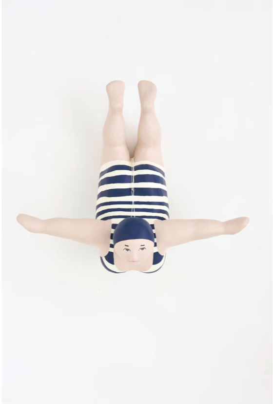 Woman Bather W/ Navy Striped Swimsuit, Paper Mache, White/Blue, Lg 20.5"x10.6"