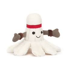 White plush toy with a red bandana and brown boots on a white background