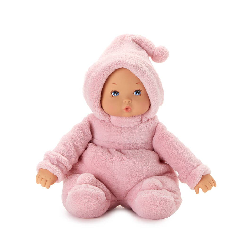 Stuffed doll in a pink outfit with a hood on a white background
