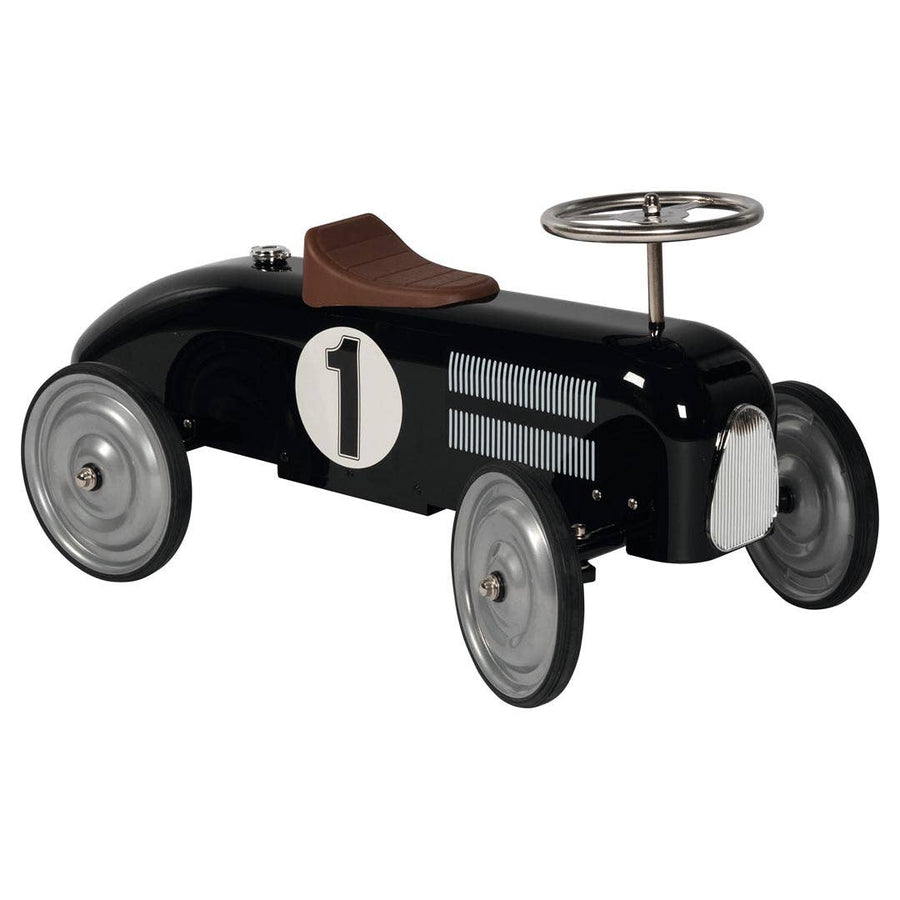 Black vintage-style toy car with number 1 on a white background