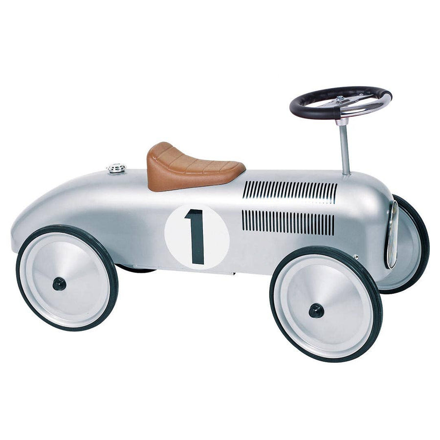 Children's toy car with a silver body, brown seat, and number 1 on a white background