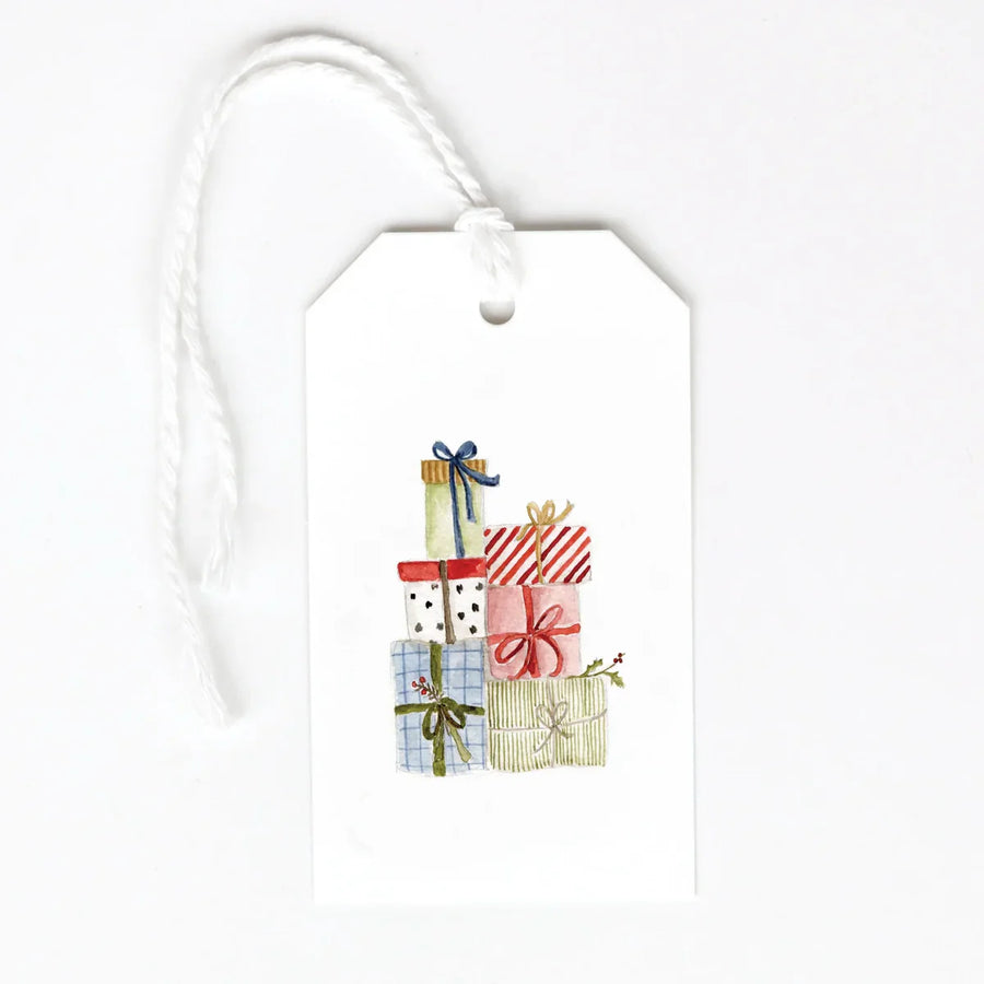 Decorative gift tag with illustrations of wrapped gifts on a white background