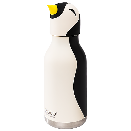 Penguin-shaped water bottle with a yellow beak on a white background
