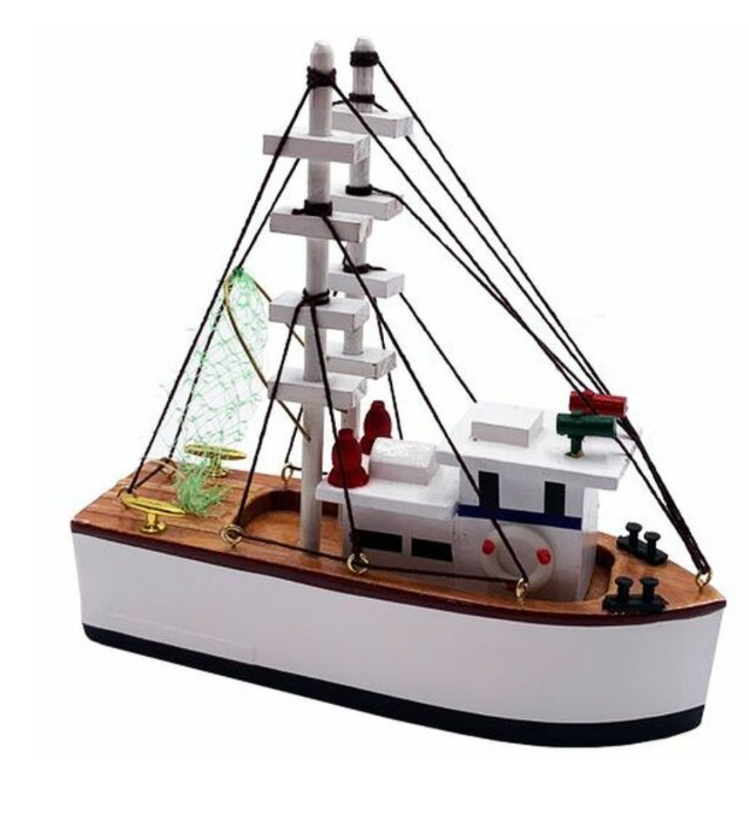 A small toy shrimp boat with a white hull, brown details, and a sail. It appears to be made of wood and plastic.